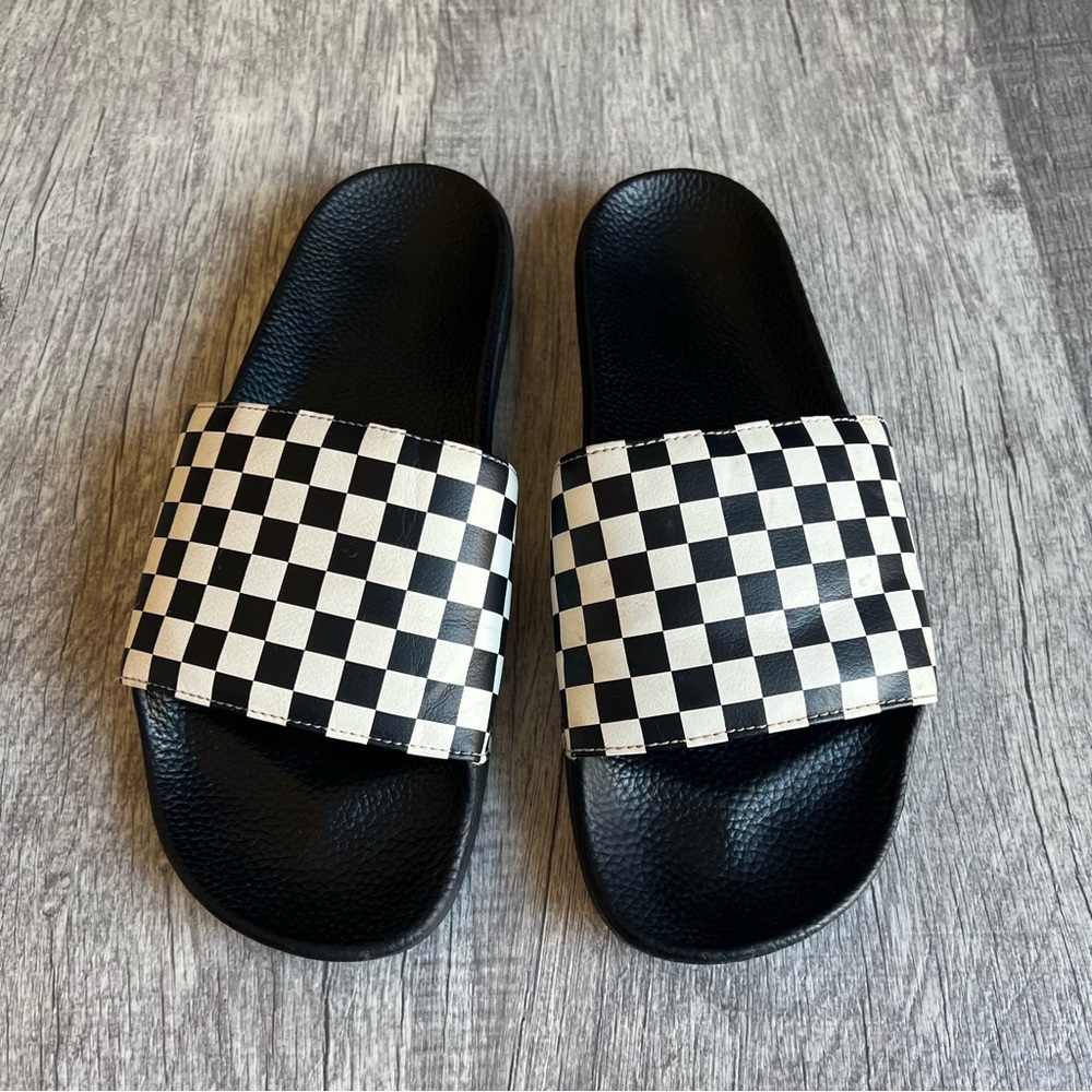 Vans Checkerboard Slide Sandals Black White Waffle Sole Size 12